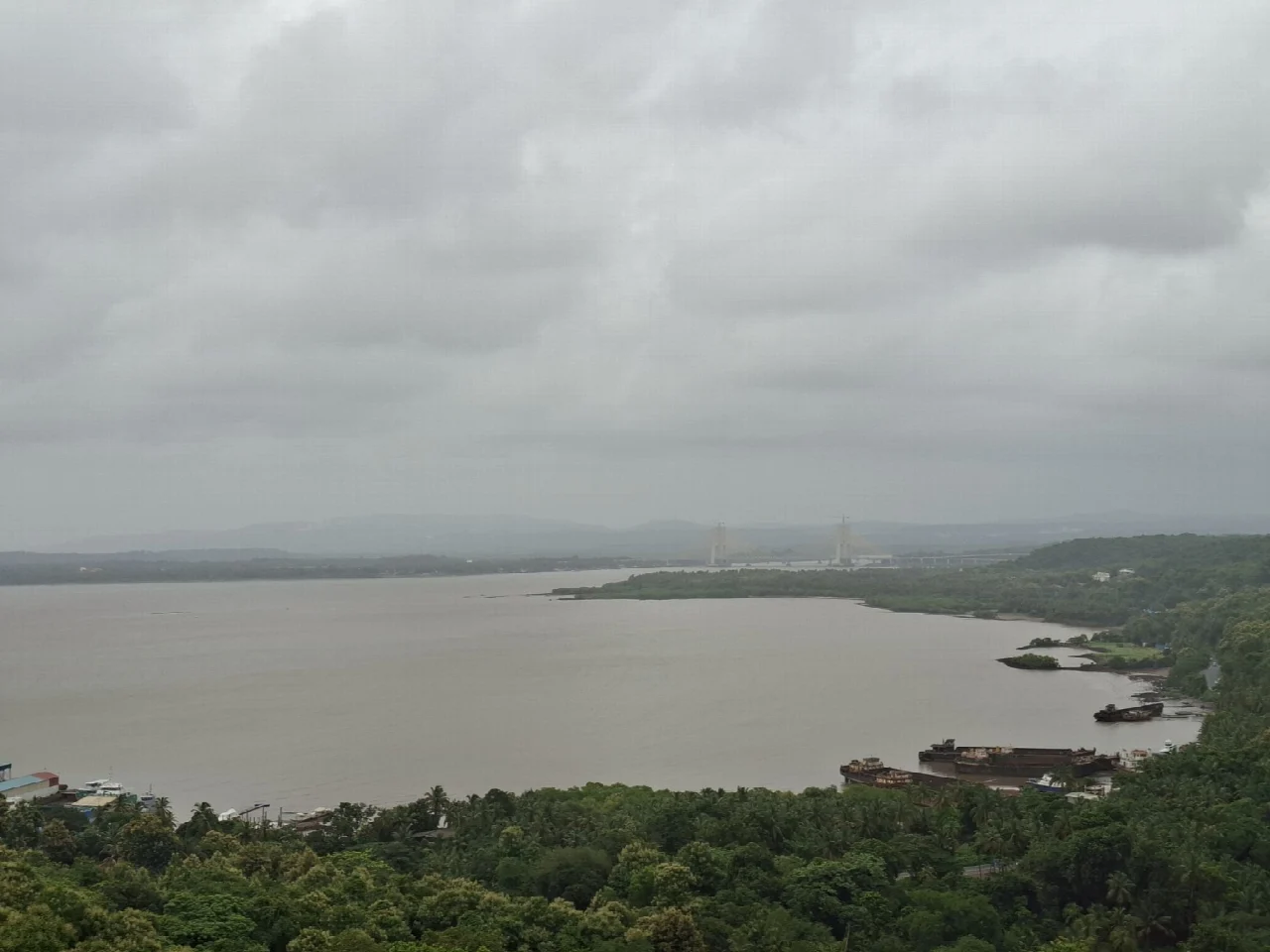 Water, green shoreline and a distant bridge in the Zuari-side landscape, Goa