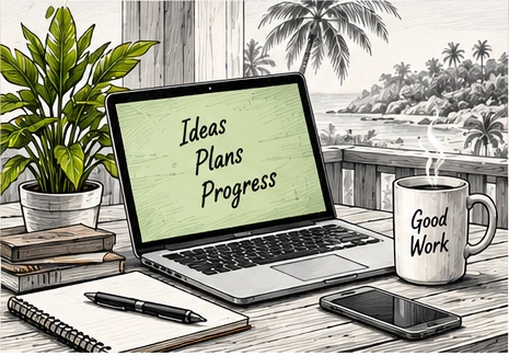 Illustration of a laptop, notebook and coffee, with green accents and the words Ideas Plans Progress