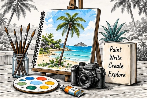 Illustration of a painting, brushes, camera and sketchbook with blue and green accents