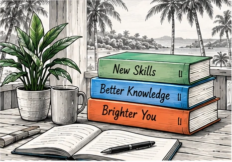 Illustrated books and notebook with the words New Skills, Better Knowledge and Brighter You