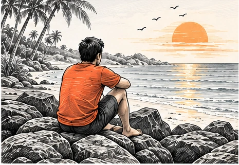 Sketch of a person in an orange shirt sitting by the sea at sunset