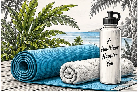 Illustration of a blue exercise mat, towel and water bottle among tropical plants