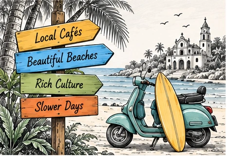 Illustration of a scooter, surfboard and colourful signs pointing to cafés, beaches, culture and slower days
