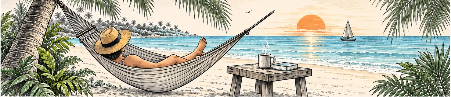 Wide illustration of a person resting in a hammock by the sea, with a coffee and a warm sunset
