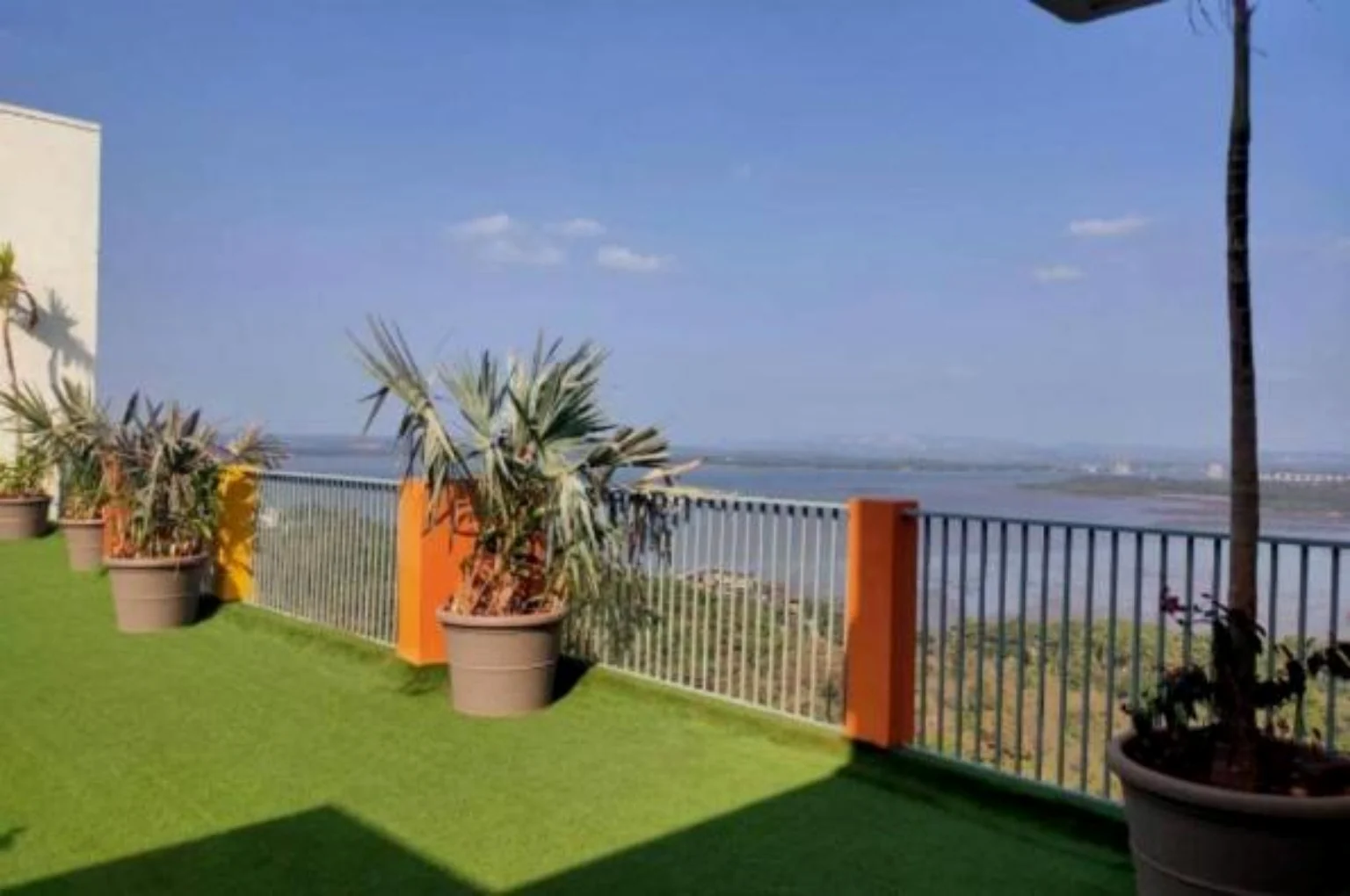 The shared Rio De Goa terrace viewing area overlooking the Zuari-side water