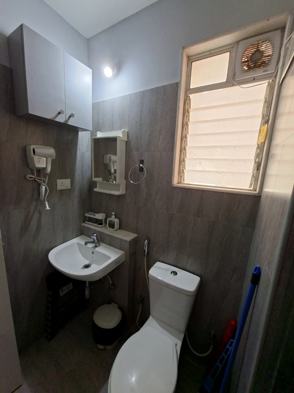 Bathroom with basin, mirror, wall storage and toilet